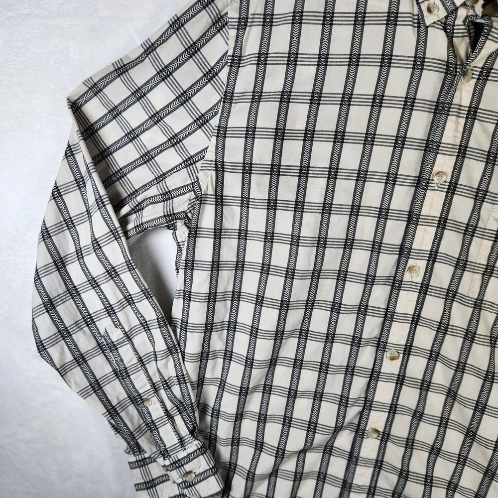 Banana Republic Plaid Button Up Shirt L Untucked Fit Black White‎ Long Sleeve